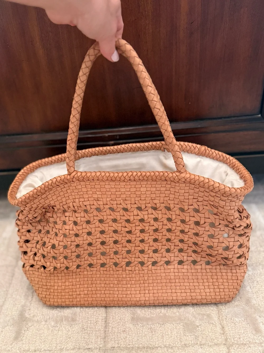 Woven Leather Tote Bag in Tan - Lightweight Summer Carryall by Village Thrive - Picture 2 of 6